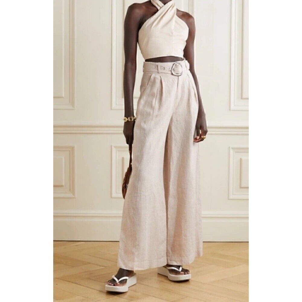 STAUD Eris Belted Linen Wide-leg Pants Cropped In Beige sz 14